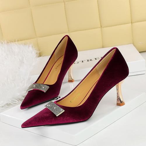 PU Leather & Suede High-Heeled Shoes pointed toe & with rhinestone Solid Pair