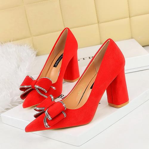 PU Leather & Suede with bowknot & chunky High-Heeled Shoes pointed toe Solid Pair