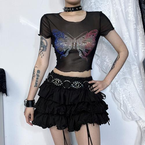 Poliéster Mujeres Camisetas de manga corta, hierro sobre, patrón de mariposa, negro,  trozo