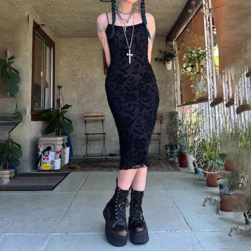 Polyester Slim Slip Dress patchwork floral black PC