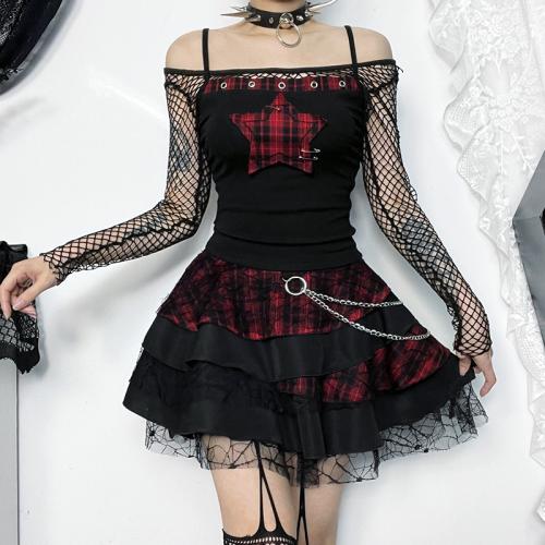 Polyester Slim Camisole backless patchwork star pattern black PC