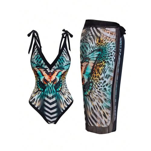 Polyester One-piece Swimsuit slimming & two piece printed Set