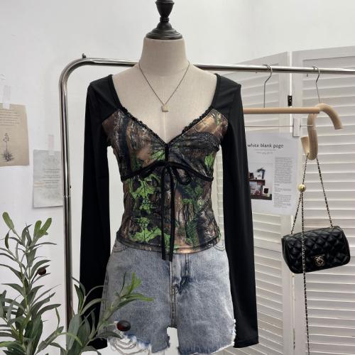 Polyester Women Long Sleeve Blouses see through look & deep V & breathable printed : PC