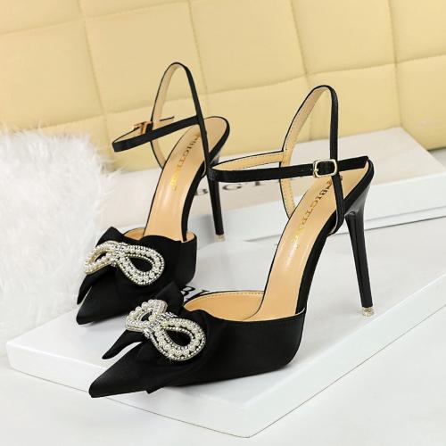 Silk & PU Leather with bowknot High-Heeled Shoes pointed toe iron-on Solid Pair