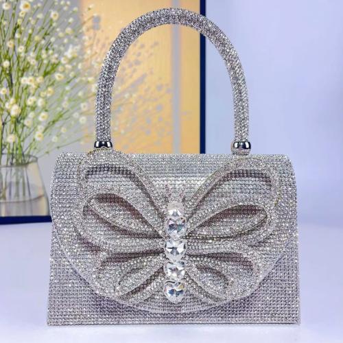Polyester Easy Matching Clutch Bag with rhinestone butterfly pattern silver PC