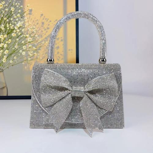 Polyester Easy Matching Clutch Bag with rhinestone bowknot pattern silver PC
