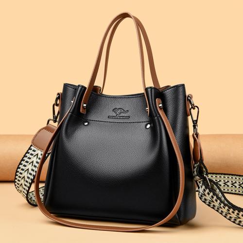 PU Leather Bucket Bag Handbag large capacity & attached with hanging strap Solid PC