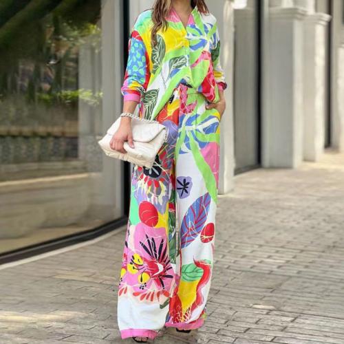 Polyester Women Casual Set & two piece & loose Pants & top printed floral multi-colored Set