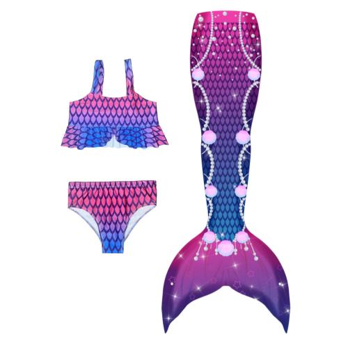 Polyester Children Mermail Swimming Suit & three piece printed purple Set