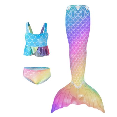 Polyester Children Mermail Swimming Suit & three piece printed multi-colored Set