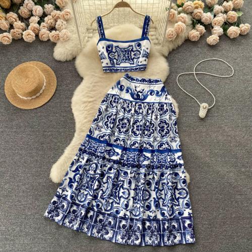Polyester Two-Piece Dress Set large hem design & two piece & off shoulder blue Set