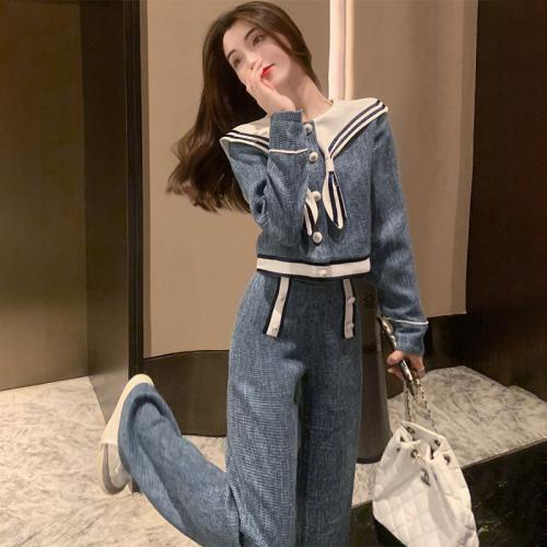 Polyester Wide Leg Trousers Women Casual Set & loose Solid blue Set