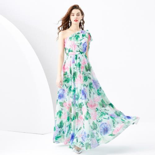 Polyester Waist-controlled One-piece Dress & off shoulder & floor-length printed floral green PC