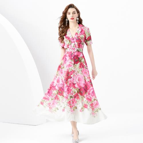 Polyester Waist-controlled One-piece Dress & breathable printed floral pink PC