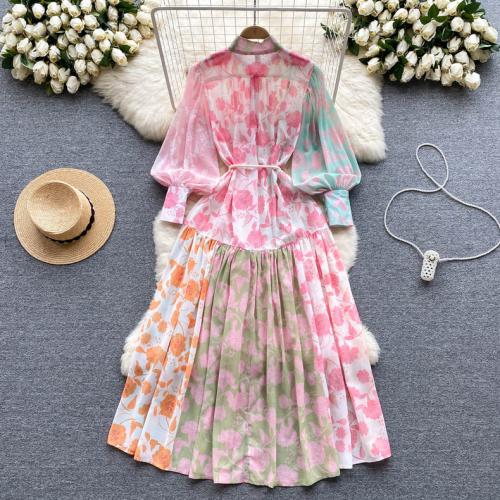 Polyester Waist-controlled & Soft One-piece Dress & breathable printed pink PC