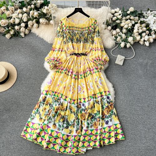 Polyester Waist-controlled One-piece Dress large hem design & breathable printed : PC