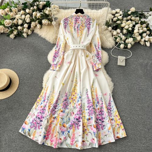 Polyester One-piece Dress large hem design & slimming printed floral PC