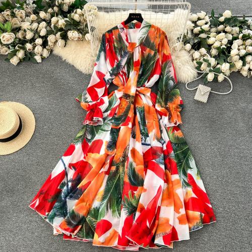 Polyester Waist-controlled One-piece Dress slimming & breathable printed PC