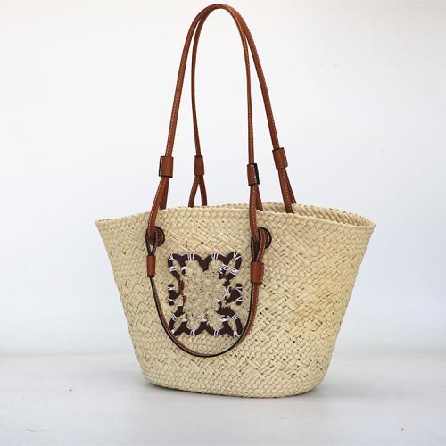 Paper Rope Handmade Woven Tote large capacity Unlined & PU Leather beige PC