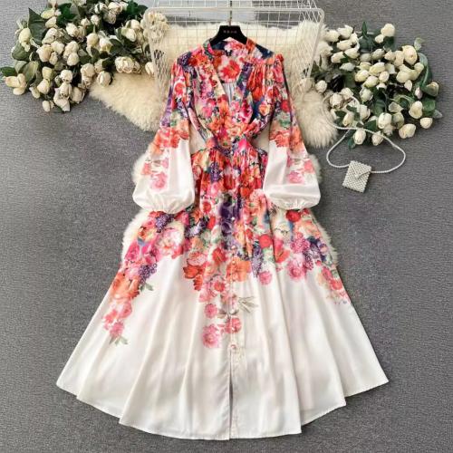 Polyester One-piece Dress large hem design & breathable printed floral PC