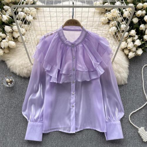 Polyester lace Women Long Sleeve Shirt & loose & breathable Solid PC