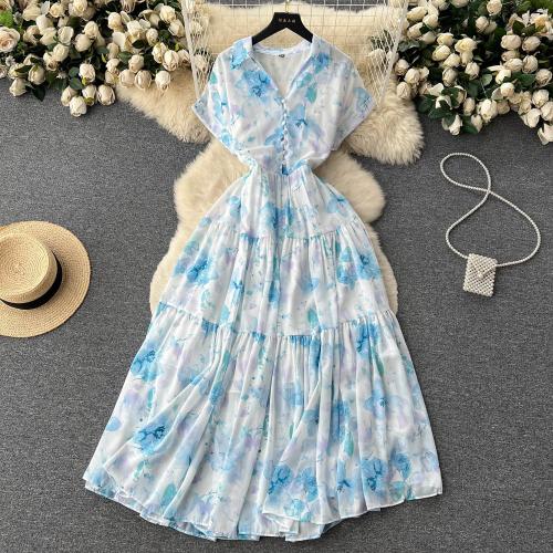 Acrylic Waist-controlled One-piece Dress large hem design & loose printed floral : PC