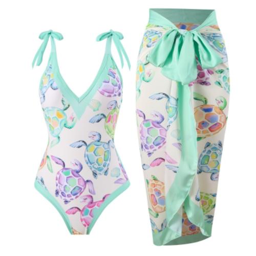 Polyester One-piece Swimsuit  & padded printed green PC