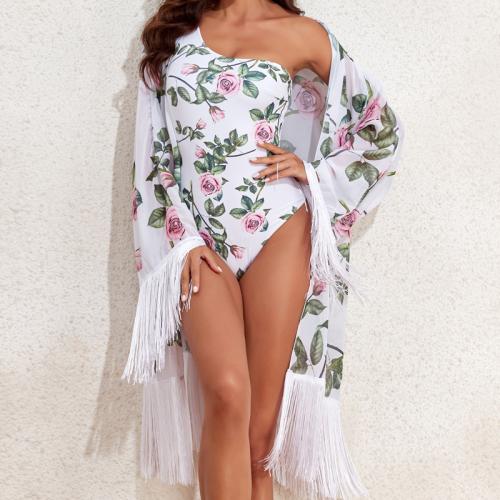 Polyester One-piece Swimsuit & two piece & padded printed floral white Set