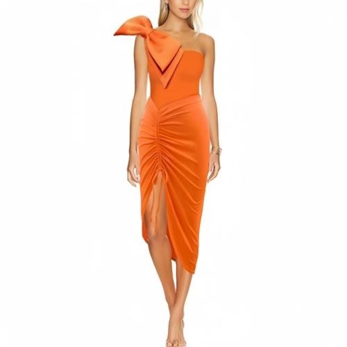 Polyester One-piece Swimsuit  & padded & One Shoulder Solid orange PC