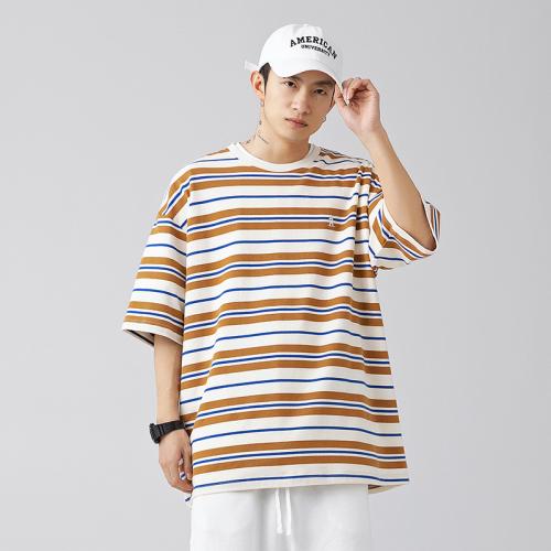 Spandex & Cotton Men Short Sleeve T-Shirt & loose printed striped PC