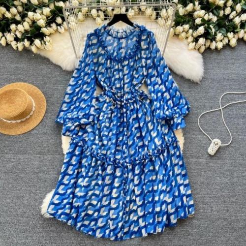 Chiffon Soft One-piece Dress large hem design & breathable printed : PC