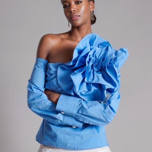 Polyester Slim Women Long Sleeve Blouses floral blue PC