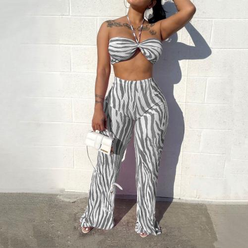 Polyester Women Casual Set backless & skinny Long Trousers & camis printed striped Set