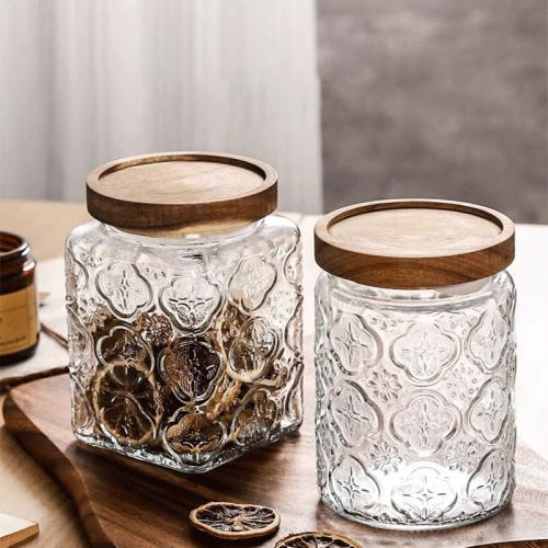 Soda-Kalk-Glas & Holz & Silikon Speicher-Jar, unterschiedliches Muster zur Auswahl, Transparent, 2Pcs/Viel,  Viel