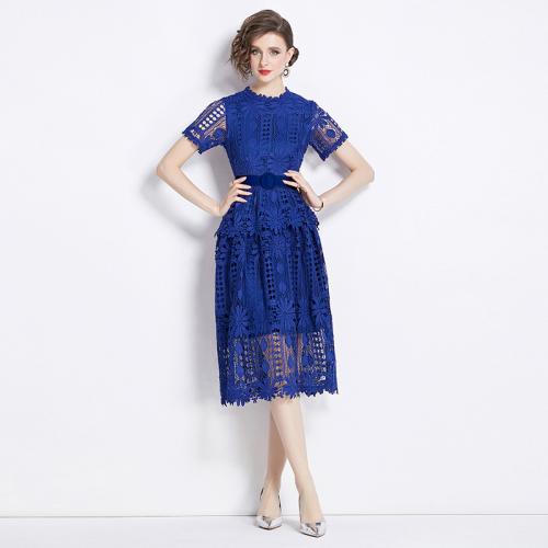 PU Leather & Lace Waist-controlled One-piece Dress see through look Solid blue PC