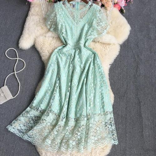 Lace & Polyester Waist-controlled One-piece Dress see through look & double layer green PC