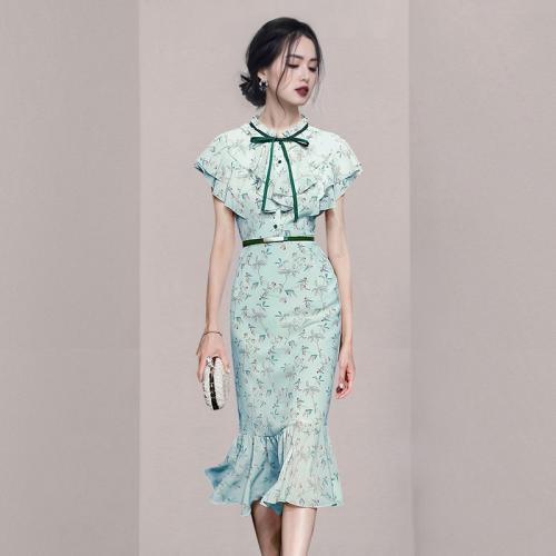 Chiffon scallop Sexy Package Hip Dresses & breathable & skinny style printed floral green PC
