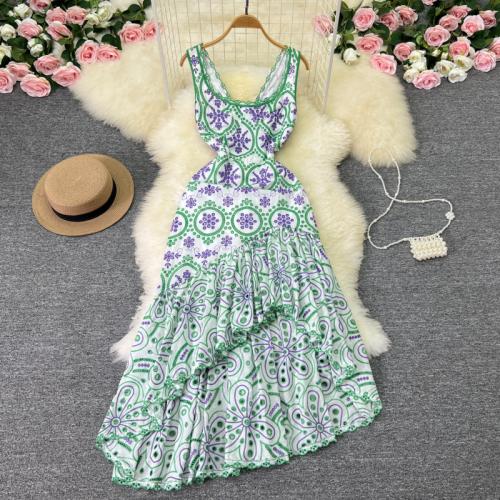 Polyester Waist-controlled One-piece Dress irregular & backless printed PC