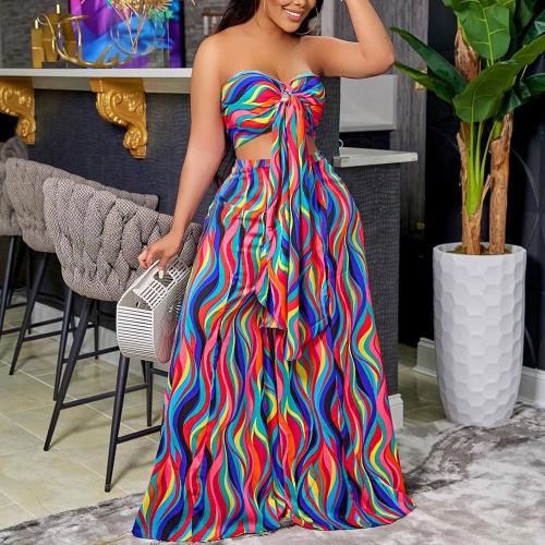 Polyester Women Casual Set & two piece Long Trousers & bandeau bra printed multi-colored Set