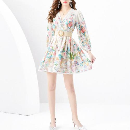Chiffon Waist-controlled One-piece Dress slimming & deep V printed PC