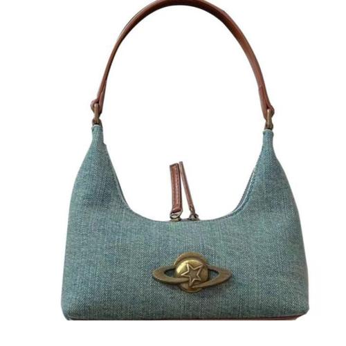 PU Leather & Denim Easy Matching Shoulder Bag blue PC