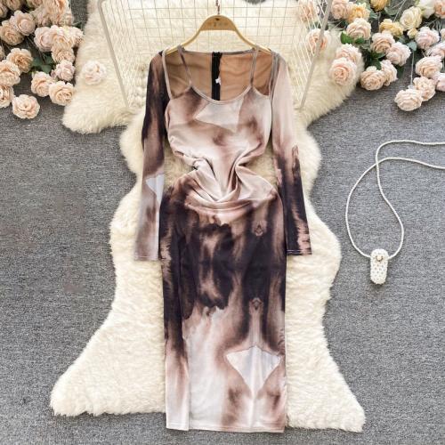 Mixed Fabric Slim Two-Piece Dress Set & two piece & breathable Tie-dye Set