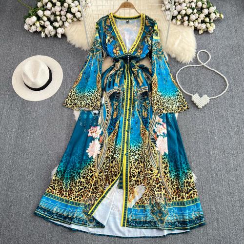 Acryl Einteiliges Kleid, Gedruckt, Blau,  Stück