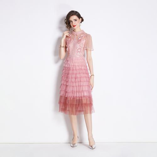 Gauze & Polyester Waist-controlled & Layered One-piece Dress see through look pink PC
