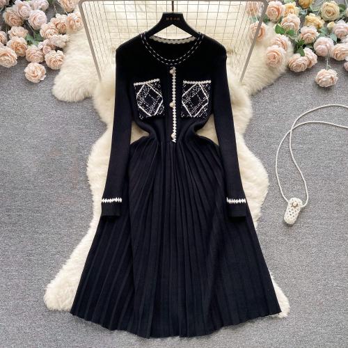 Polyester Waist-controlled & Soft One-piece Dress breathable Solid black : PC