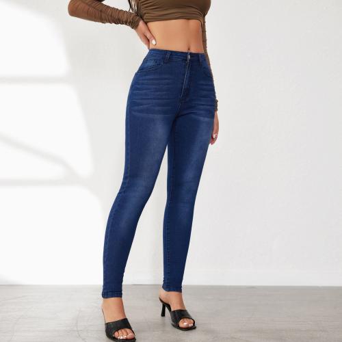Denim High Waist Women Jeans lift the hip & flexible Solid deep blue PC