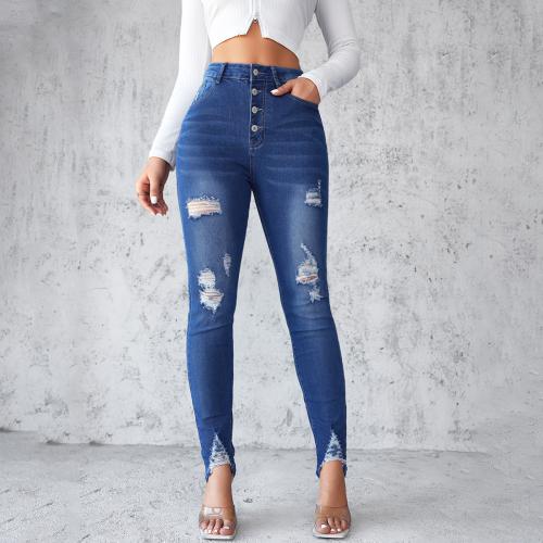 Denim Ripped Women Jeans pencil pant & skinny Solid blue PC
