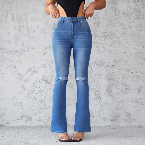 Denim Ripped & bell-bottom & High Waist Women Jeans Solid blue PC