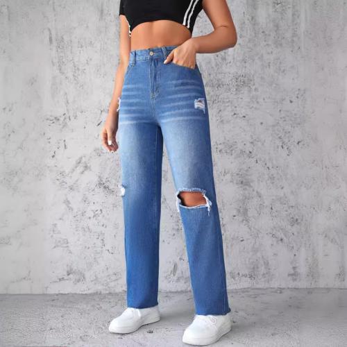 Denim Ripped & Straight Women Jeans Solid blue PC