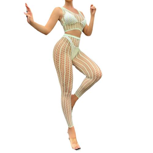 Polyamide Lady Sexy Suit backless & skinny & hollow Long Trousers & long sleeve blouses patchwork Solid fluorescent green : Set